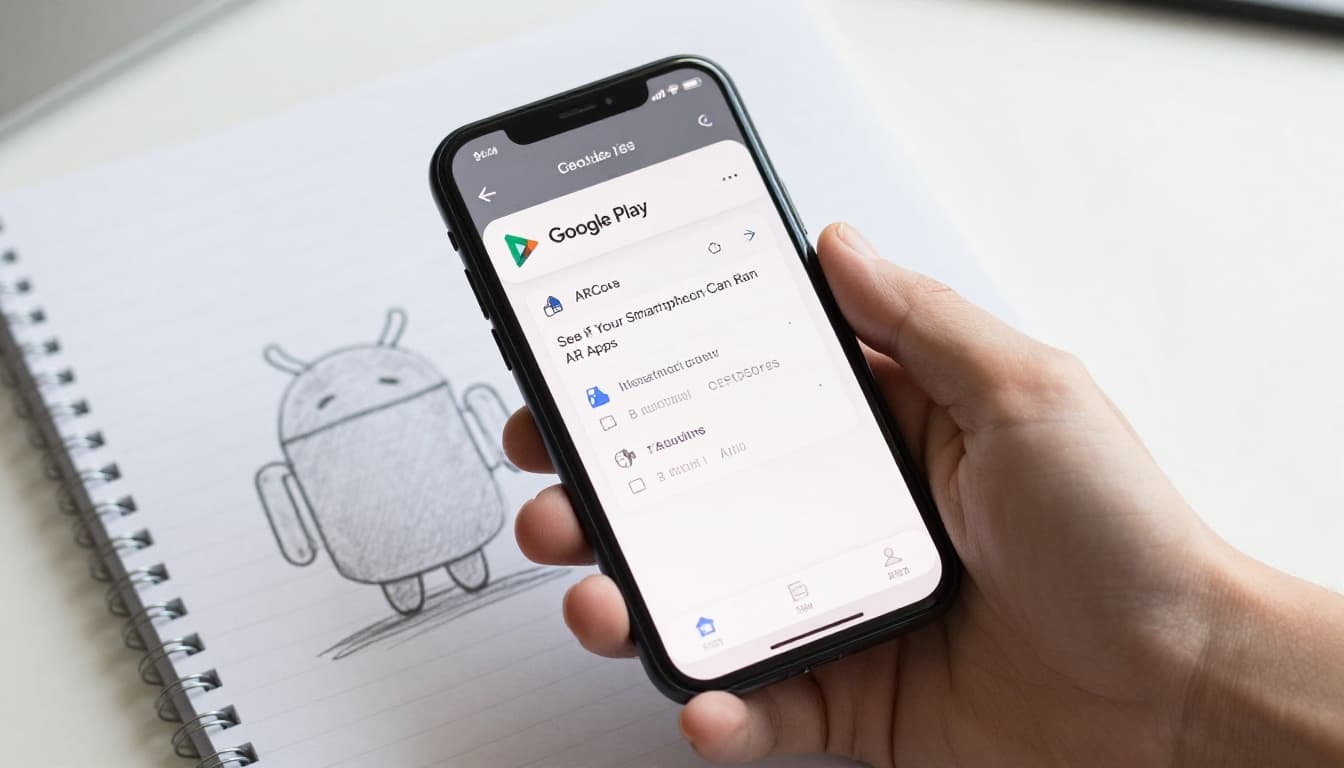 Hand-drawn grayscale sketch of a hand holding a modern Android smartphone open to Google Play Store searching for ARCore app, casual desk with notebook, graphite linework and light shading on white background.