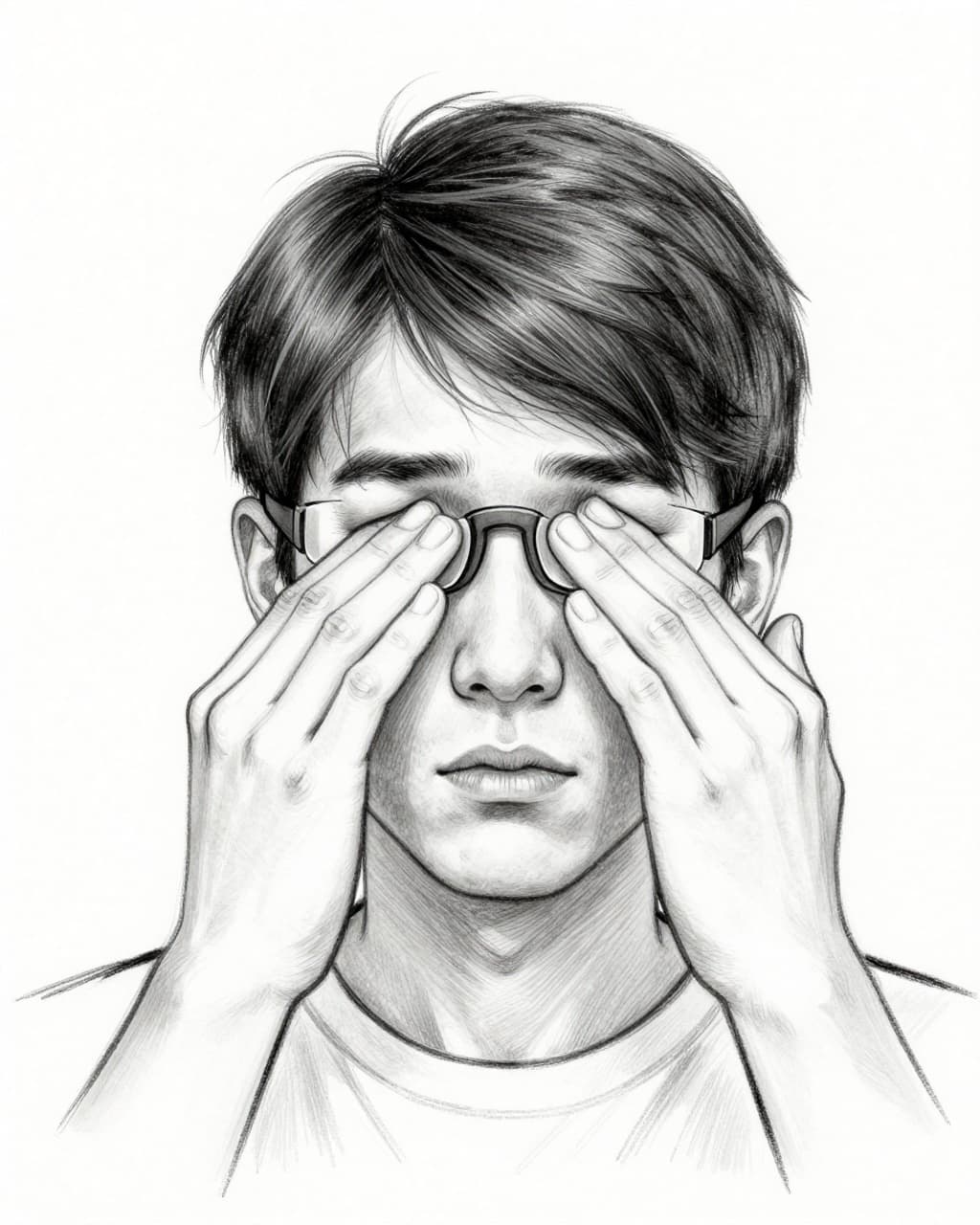 Hand-drawn sketch of a person wearing AR glasses, rubbing eyes with dizziness lines around head and strained neck forward, illustrating health issues from extended use.