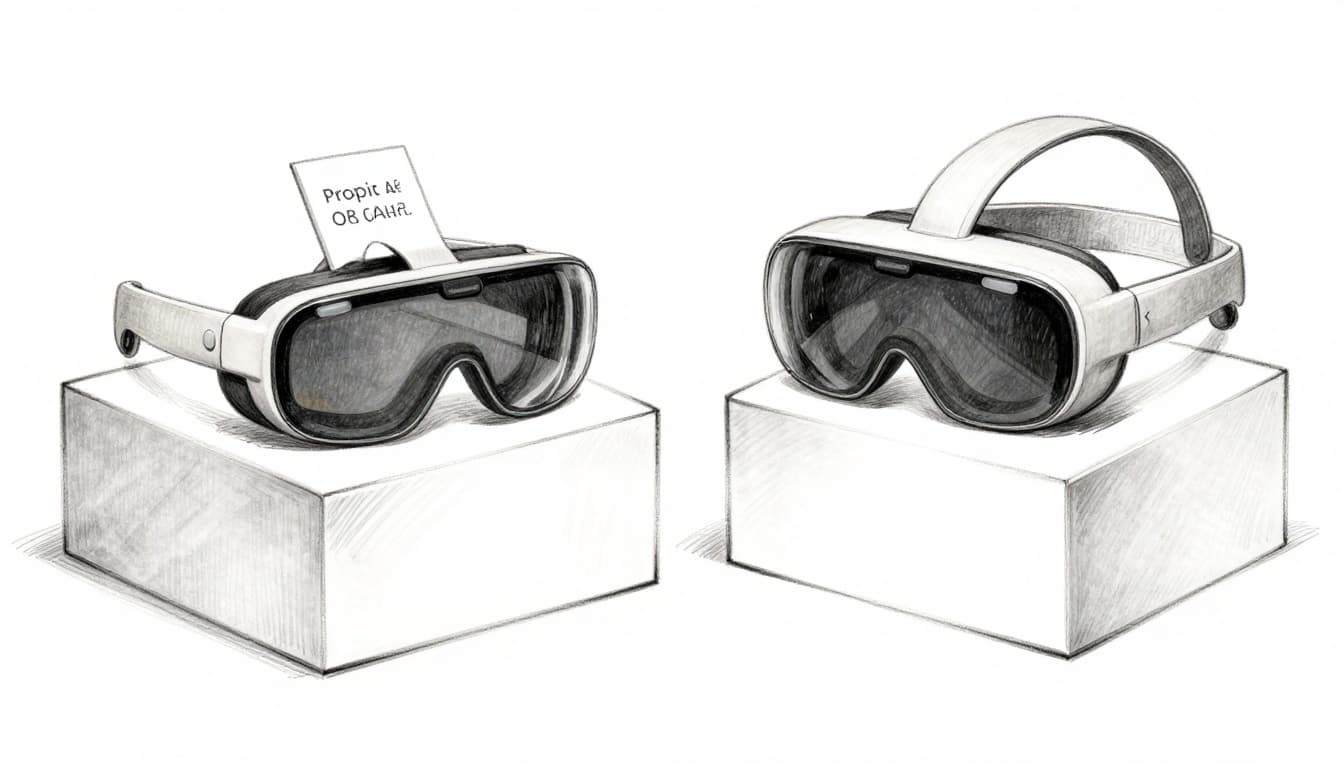 Hand-drawn sketch of expensive AR glasses on a pedestal with high price tag next to affordable smartphone, graphite linework and light shading on clean white background.