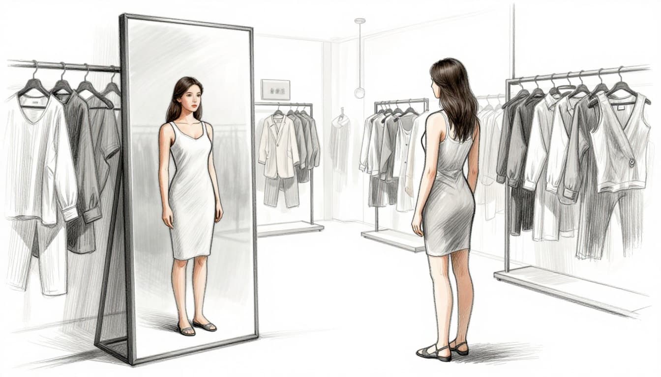 A single person stands relaxed in front of a full-length smart mirror in a modern clothing store, with an AR overlay projecting a virtual dress fitting perfectly on their body, realistic drape and fit, amid clothing racks and soft lighting. Hand-drawn graphite sketch with linework, light shading, grays and subtle tones on clean white paper background.