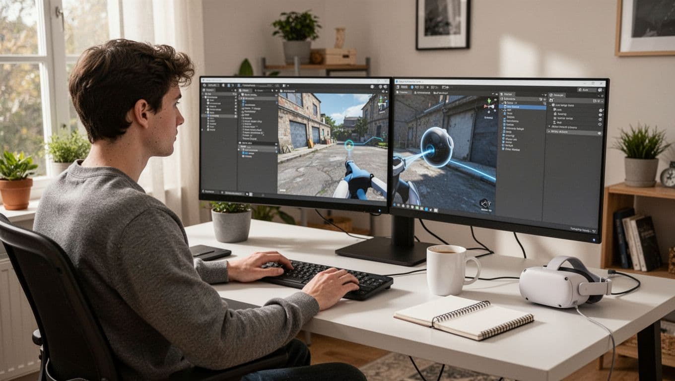 A beginner developer seated at a modern desk with dual monitors displaying the Unity editor open to a VR scene build, Meta Quest headset nearby, coffee mug, notebook, in a cozy daytime home office with natural light.