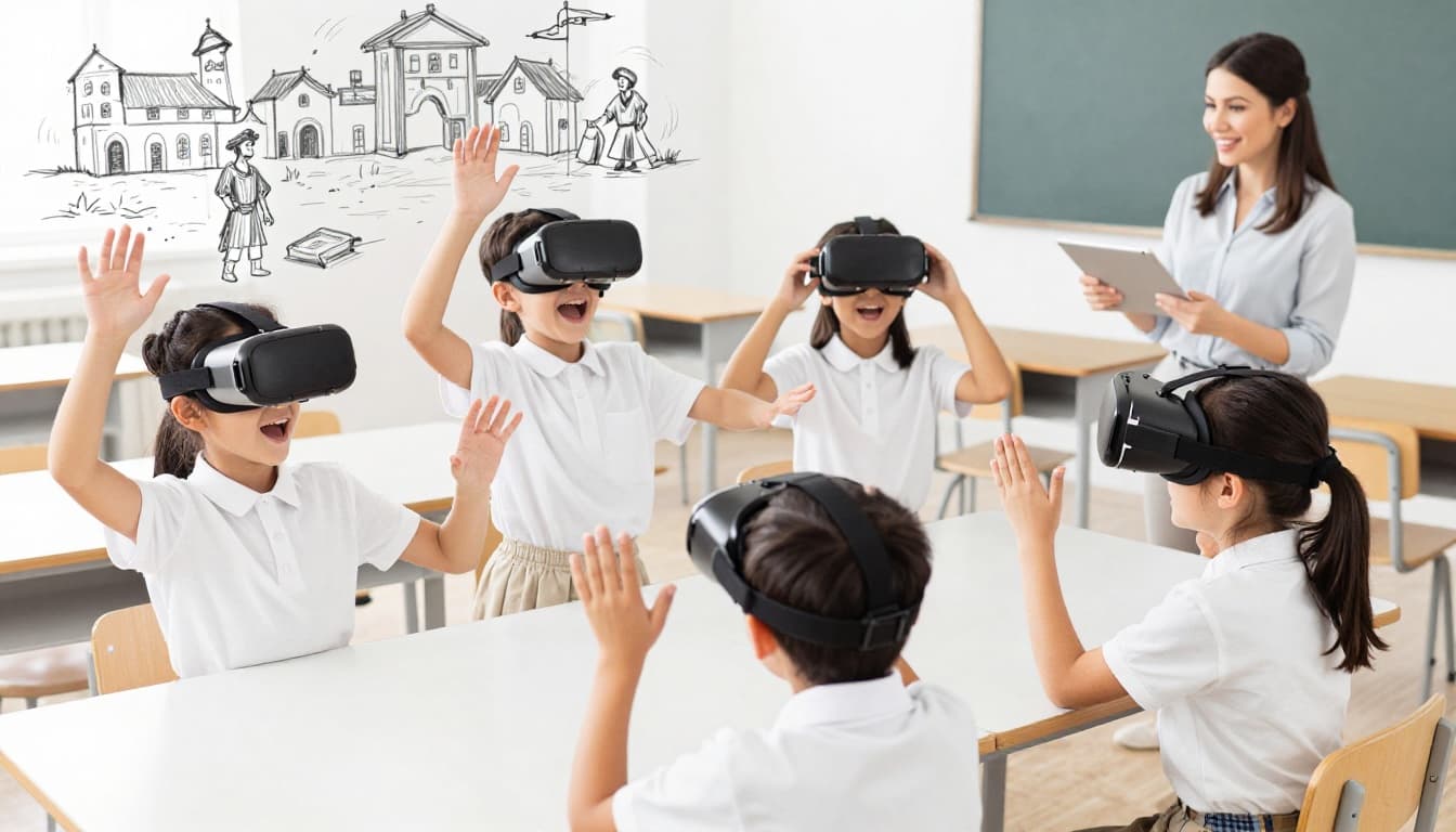 Elementary school children wearing VR headsets in a bright classroom, gesturing excitedly at holographic colonial village and historical figures, with smiling teacher nearby.
