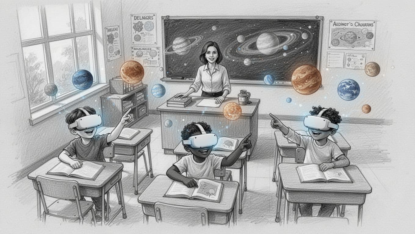 Hand-drawn graphite sketch of an elementary classroom scene: exactly one teacher standing at front desk guiding class, three diverse students aged 8-10 sitting at desks wearing lightweight standalone VR headsets like Quest with mixed reality passthrough showing blended virtual solar system planets floating above real desks and books, students pointing excitedly with one hand each relaxed pose, natural classroom setting with windows blackboard posters, top-down angled composition, light shading, clean light gray paper background, cohesive graphite linework style, no text no logos no extra people no devices on floor.