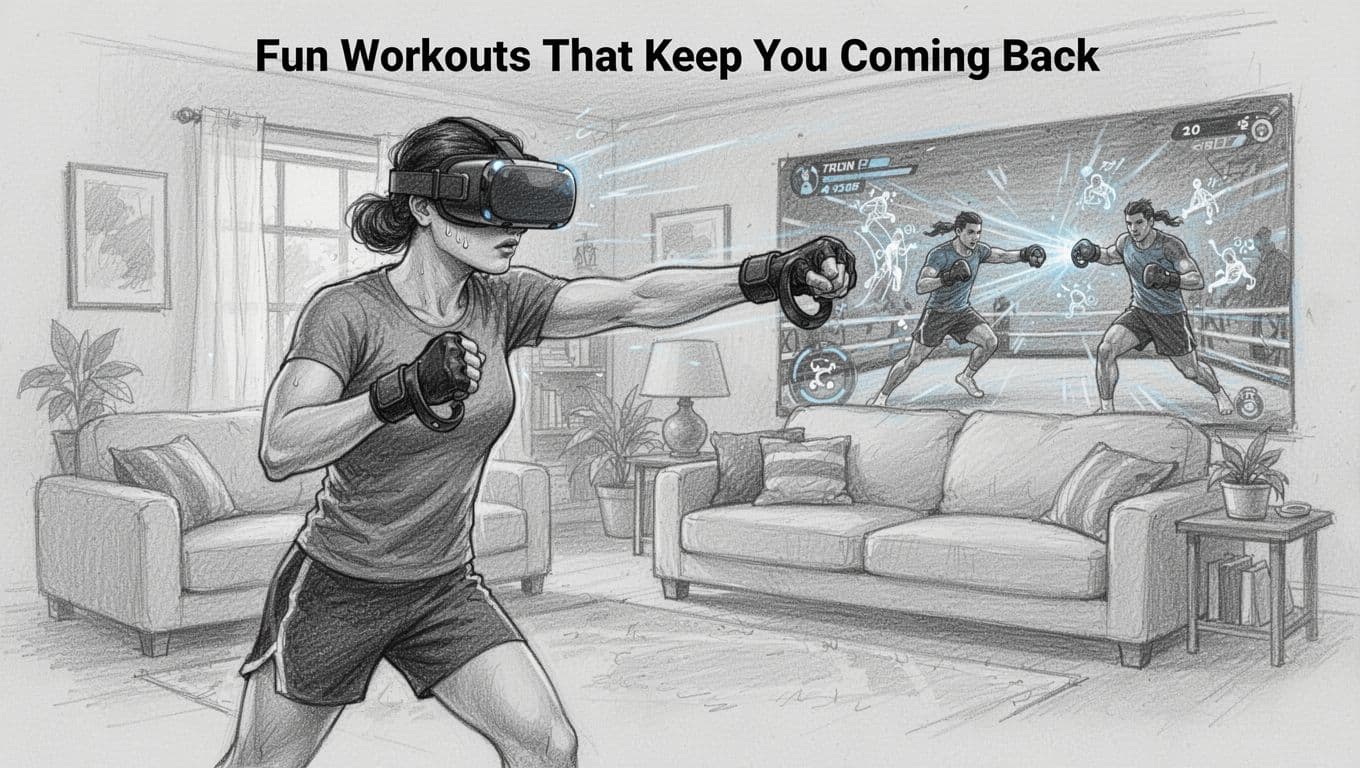 Hand-drawn graphite sketch of a fit person in a cozy home living room wearing VR headset and wrist controllers in a dynamic boxing pose, punching virtual opponents in a gamified fitness arena.