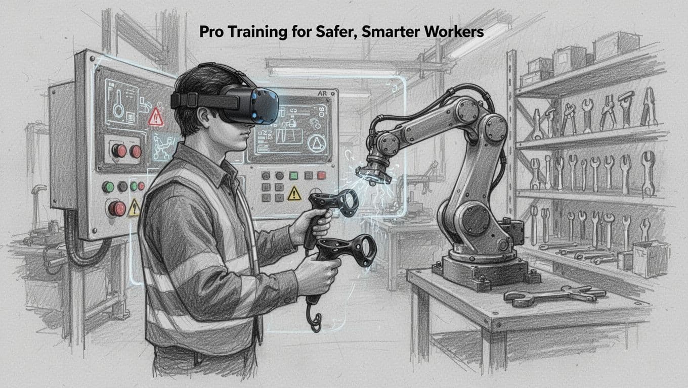 Graphite sketch of a worker in safety gear using a VR headset to practice interacting with virtual machinery and robotic arm in a simulated factory environment.