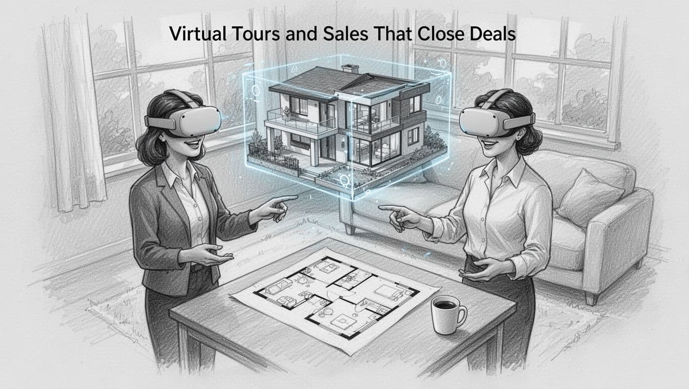 Hand-drawn graphite sketch of a real estate agent and client wearing lightweight VR headsets, interacting with a floating 3D model of a modern house in mixed reality above a table in a living room.