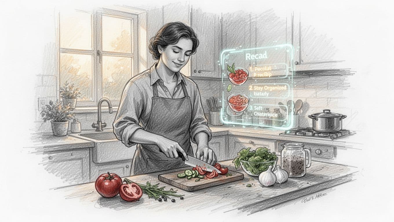 A relaxed person chops vegetables at a wooden counter in a cozy kitchen, with subtle floating AR recipe steps glowing nearby. Hand-drawn graphite sketch style with linework, light shading, and warm ambient lighting on white paper.