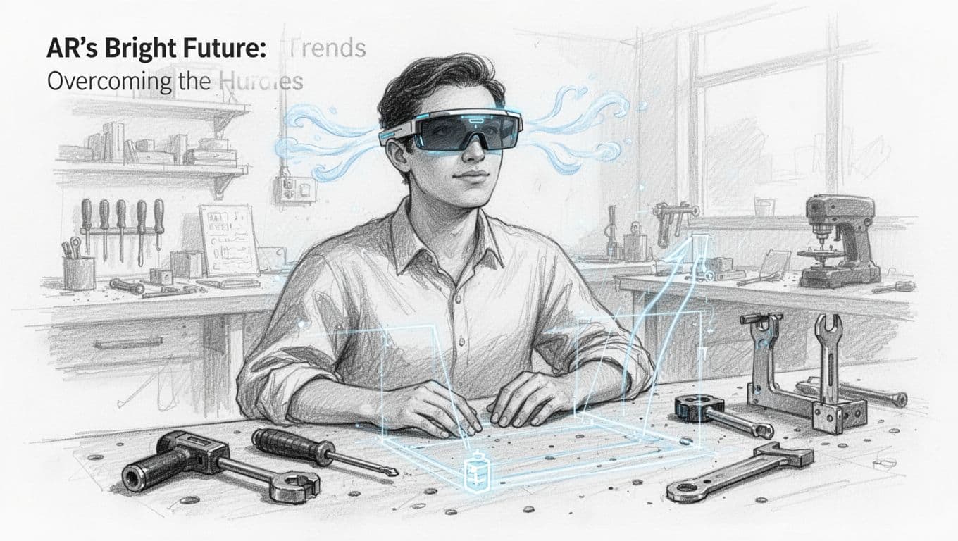 Hand-drawn graphite sketch of one person comfortably wearing lightweight futuristic AR glasses in a bright workshop, with tools nearby, subtle full battery and cool breeze indicators, and faint AR overlay lines on the workbench.