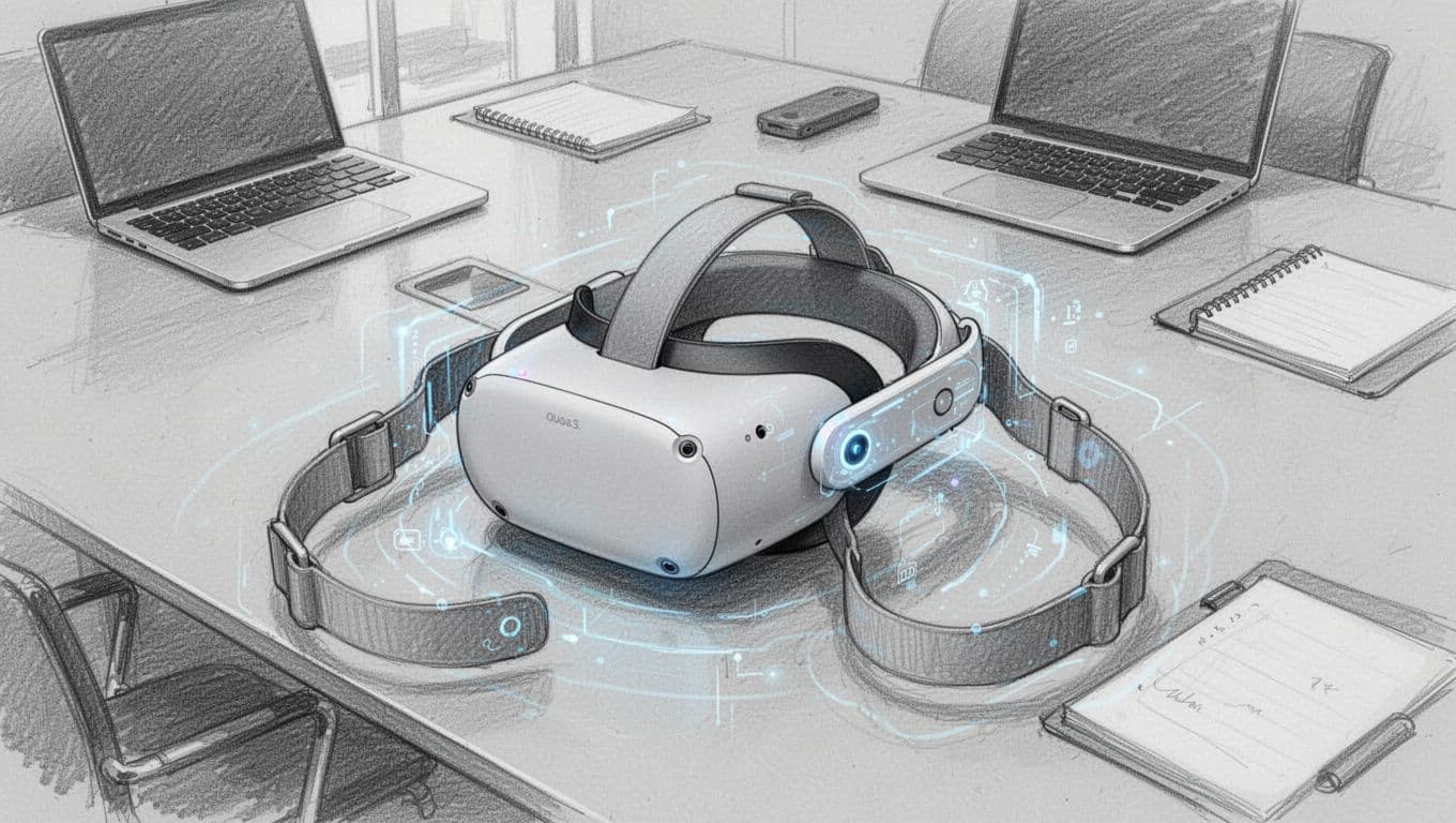 Hand-drawn graphite sketch of a lightweight standalone mixed reality headset resting on a modern conference table in an enterprise office, with adjustable comfort headstrap nearby and subtle AI predictive tracking sensors visible amid background laptops.