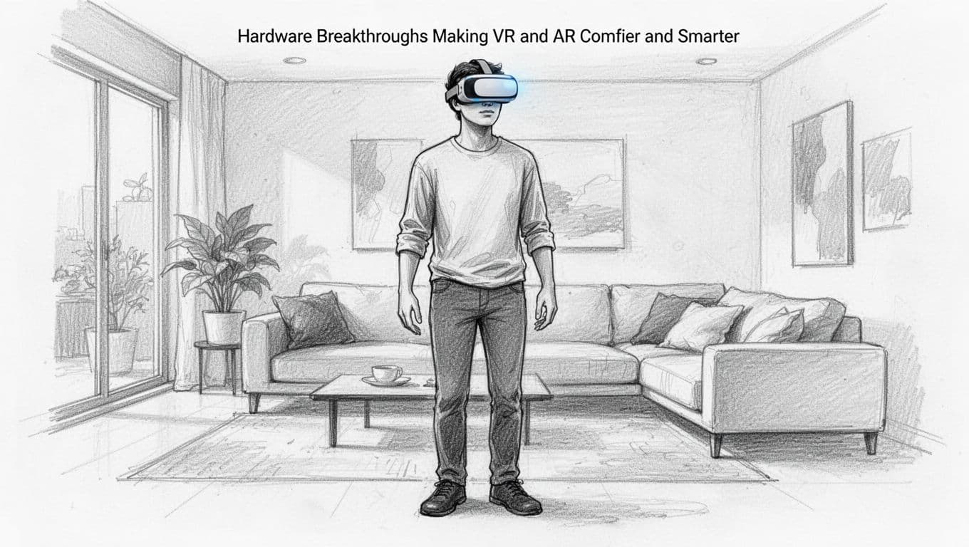 Hand-drawn sketch of one person in relaxed pose standing in modern living room wearing sleek lightweight wireless VR AR headset, no cables, graphite linework with light shading on white background.