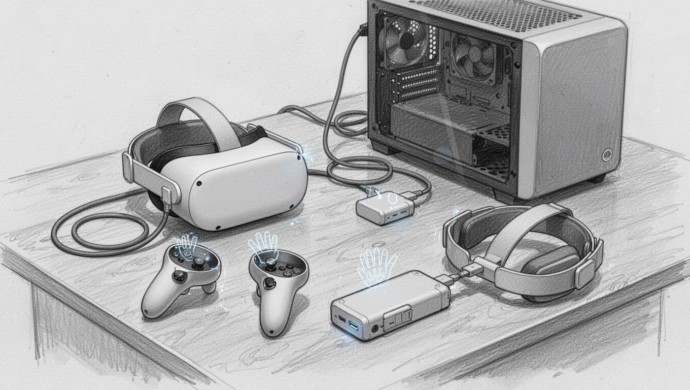 Hand-drawn graphite sketch of a standalone VR headset like Quest 3 on a wooden desk beside a gaming PC tower with VR link cable, advanced finger-tracking controllers, extended battery pack, and adjustable comfort headstrap, in top-down angled composition on light gray paper.