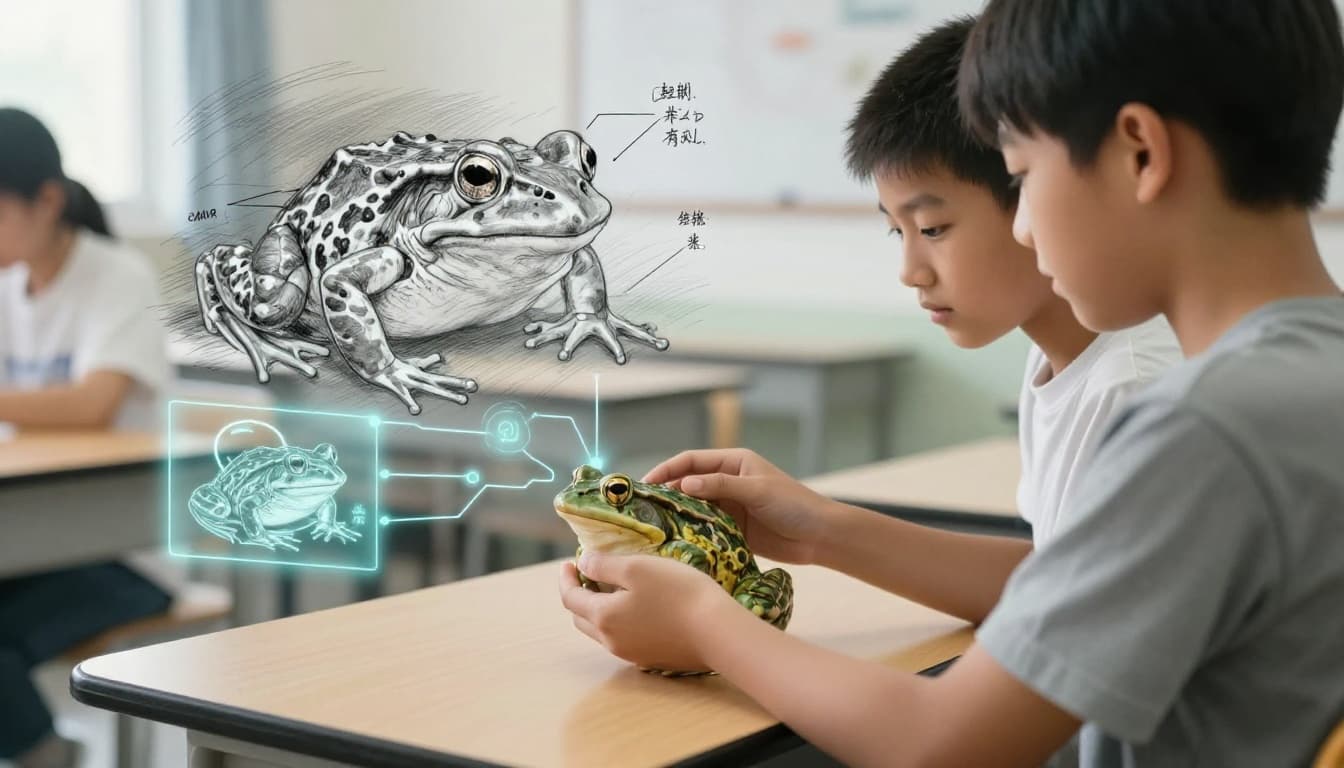 A single student sits at a school desk in a bright classroom, gently holding a frog specimen with both hands, while AR overlays display glowing diagrams and labels of frog anatomy like organs and bones. Hand-drawn graphite sketch style with light shading on white paper.