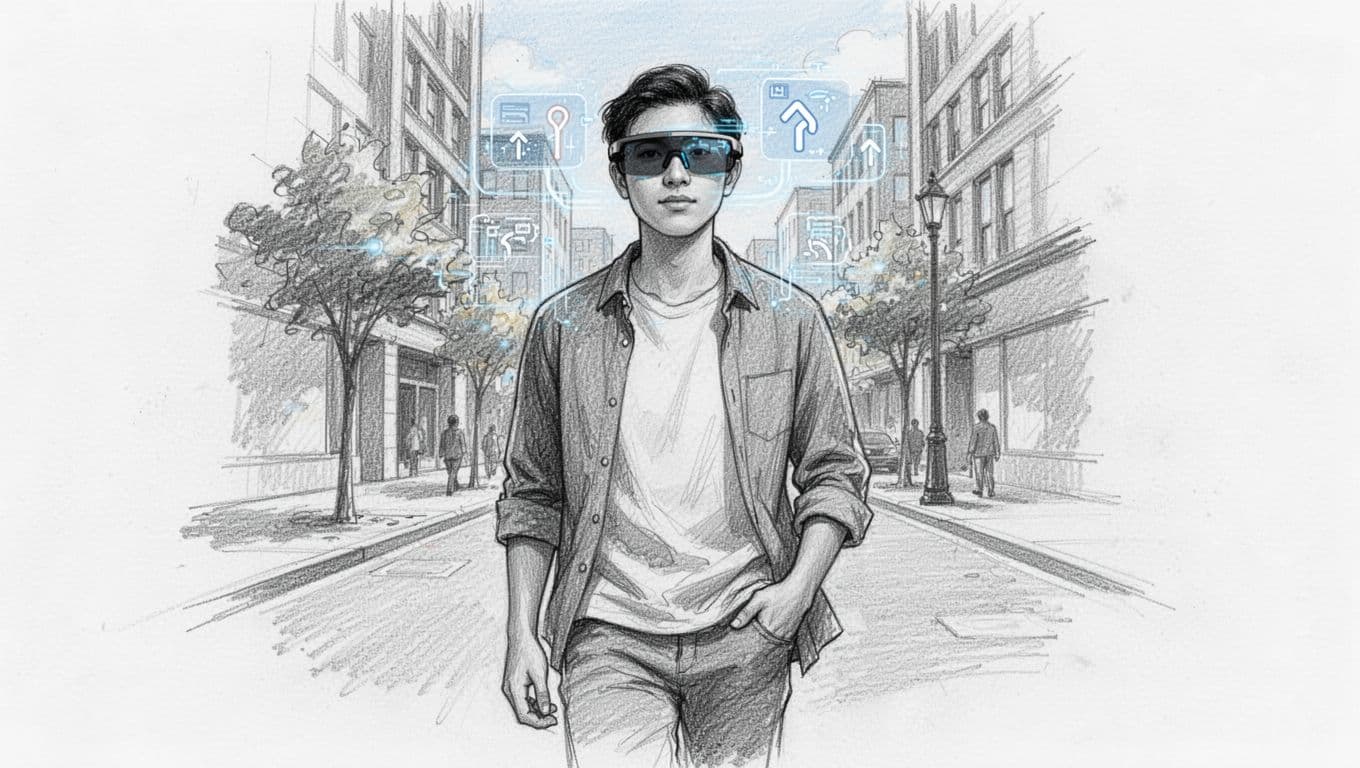 Hand-drawn graphite sketch of a person wearing lightweight stylish AR glasses walking casually down a sunny urban street, subtle AR navigation overlay faintly visible, in relaxed everyday clothes with one hand in pocket, on clean white paper background.