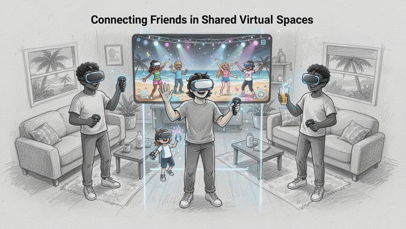 Hand-drawn graphite sketch of three diverse friends in cozy home setups wearing VR headsets and controllers, interacting via avatars in a shared virtual world like a beach party, with mixed reality passthrough blending real furniture and virtual scenes.