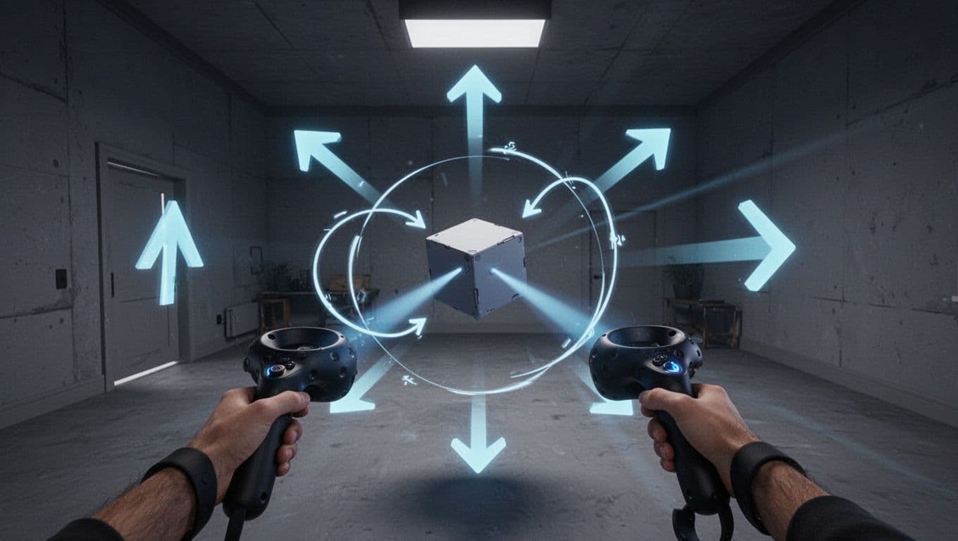 First-person VR headset view in a sci-fi virtual room with glowing blue vector arrows for movement direction, quaternion rotation arcs around a floating cube grabbed via hand controller raycasting, dim atmospheric lighting, clean style.