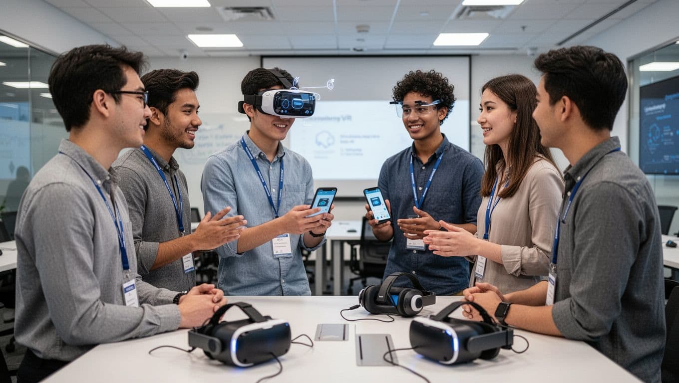 Diverse group of young professionals casually networking at a VR industry meetup event, one demoing an AR app on a phone to others with headsets on the table in a bright tech conference room.