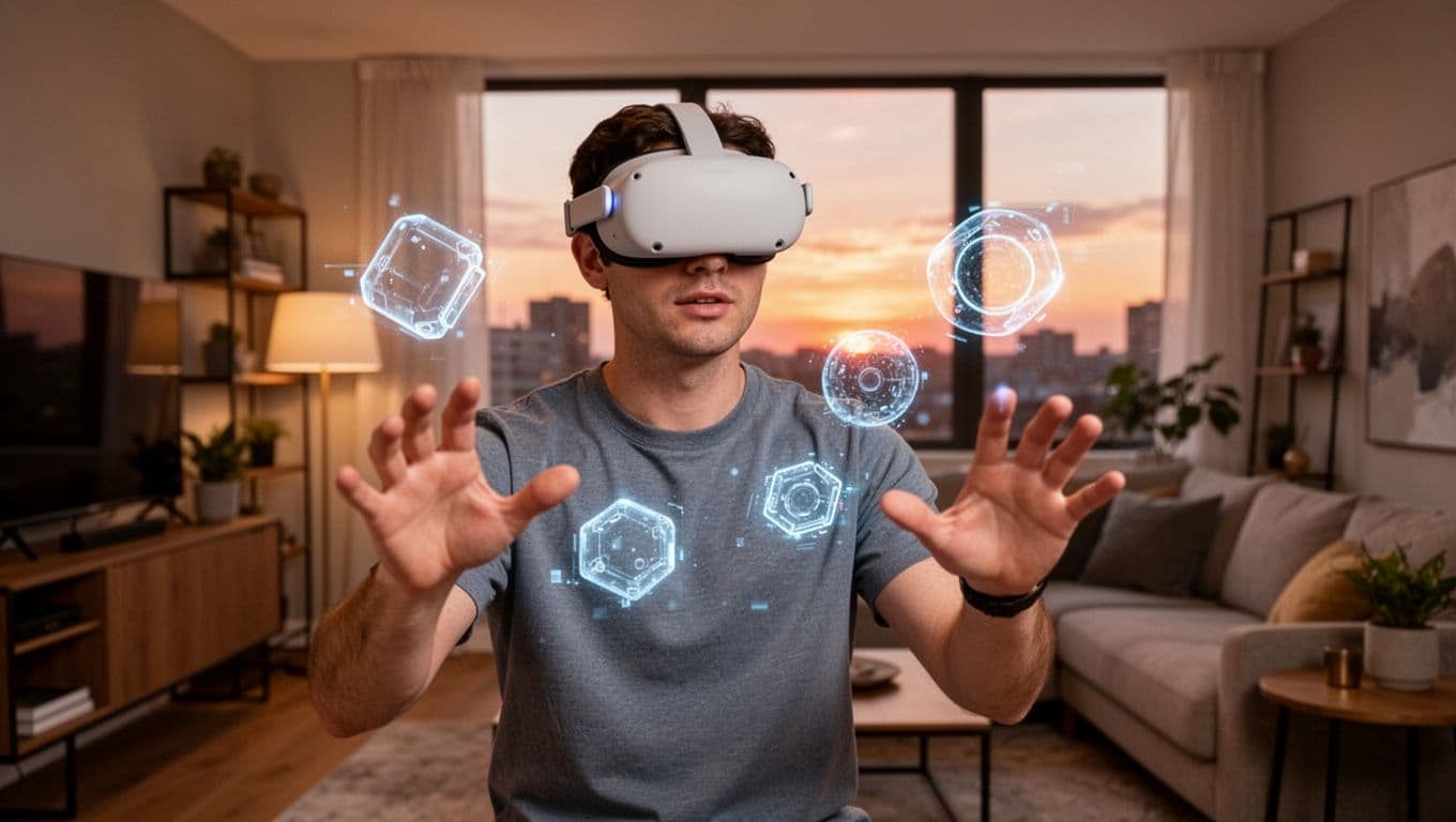 Person wearing lightweight VR headset in passthrough mode, gesturing hands to manipulate floating holographic objects in blended real-virtual modern living room with warm evening light.