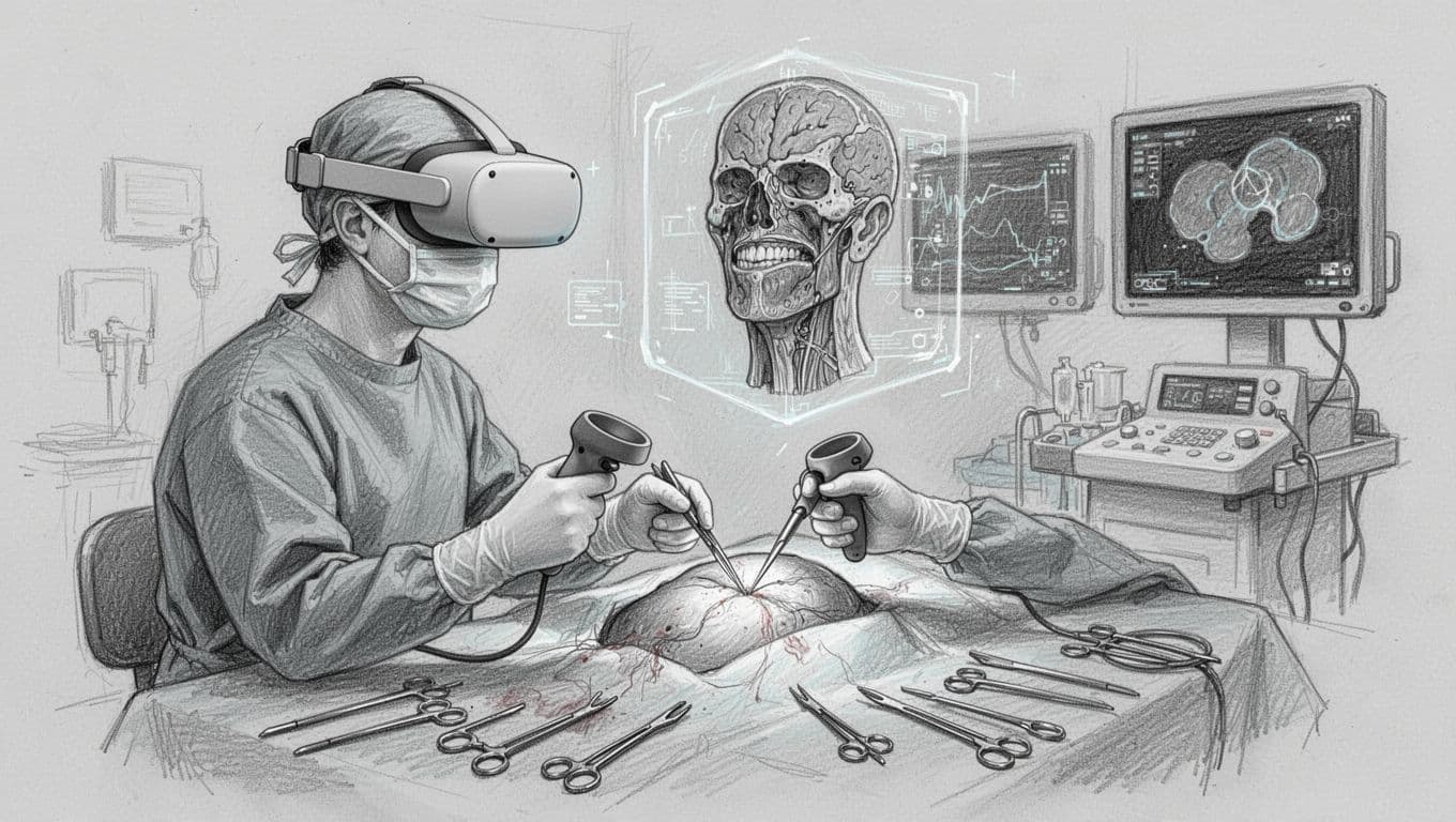Hand-drawn graphite sketch of a surgeon wearing a lightweight VR headset like Quest, using controllers to perform surgery on a detailed virtual patient anatomy model floating above the operating table, with realistic medical tools and monitors nearby.